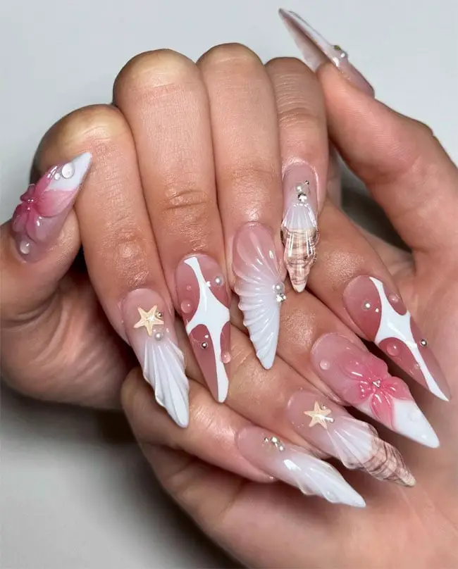Long Stiletto with 3D Shell and Starfish Accents Long Stiletto with 3D Shell and Starfish Accents — Trendy Ocean Nails