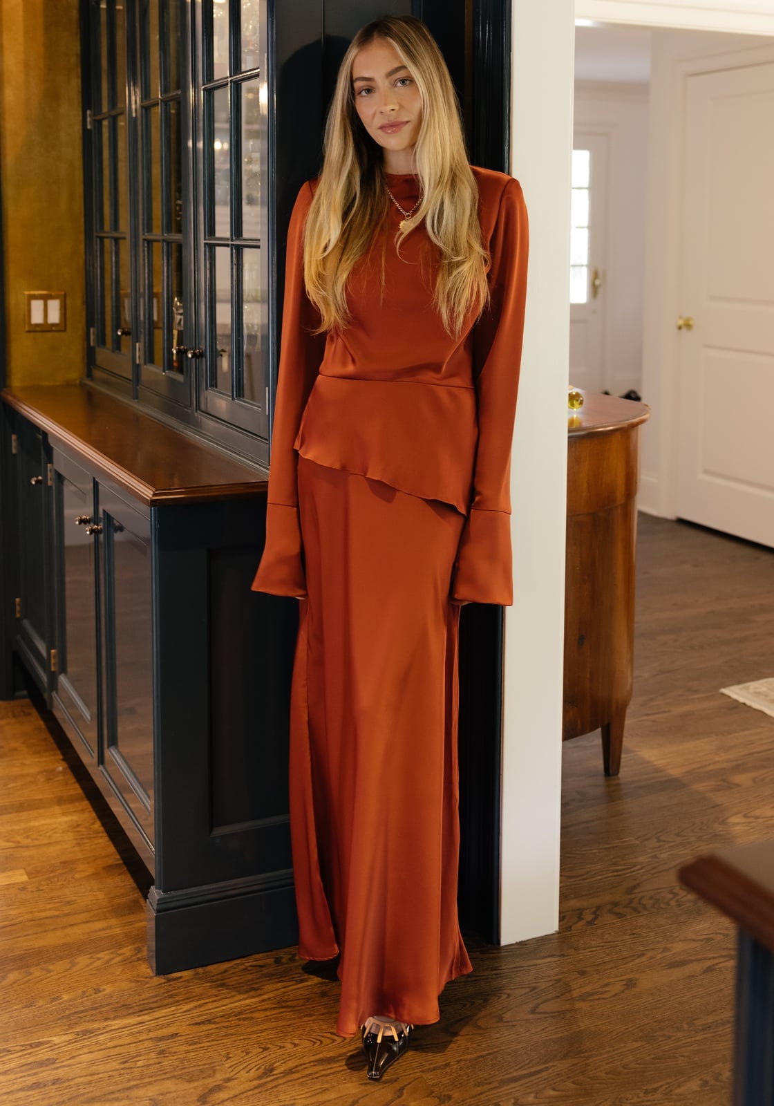 Terracotta Orange Satin Maxi Slip Dress With Asymmetrical Hem Terracotta Orange Satin Maxi Slip Dress With Asymmetrical Hem — Trendy Orange Dress