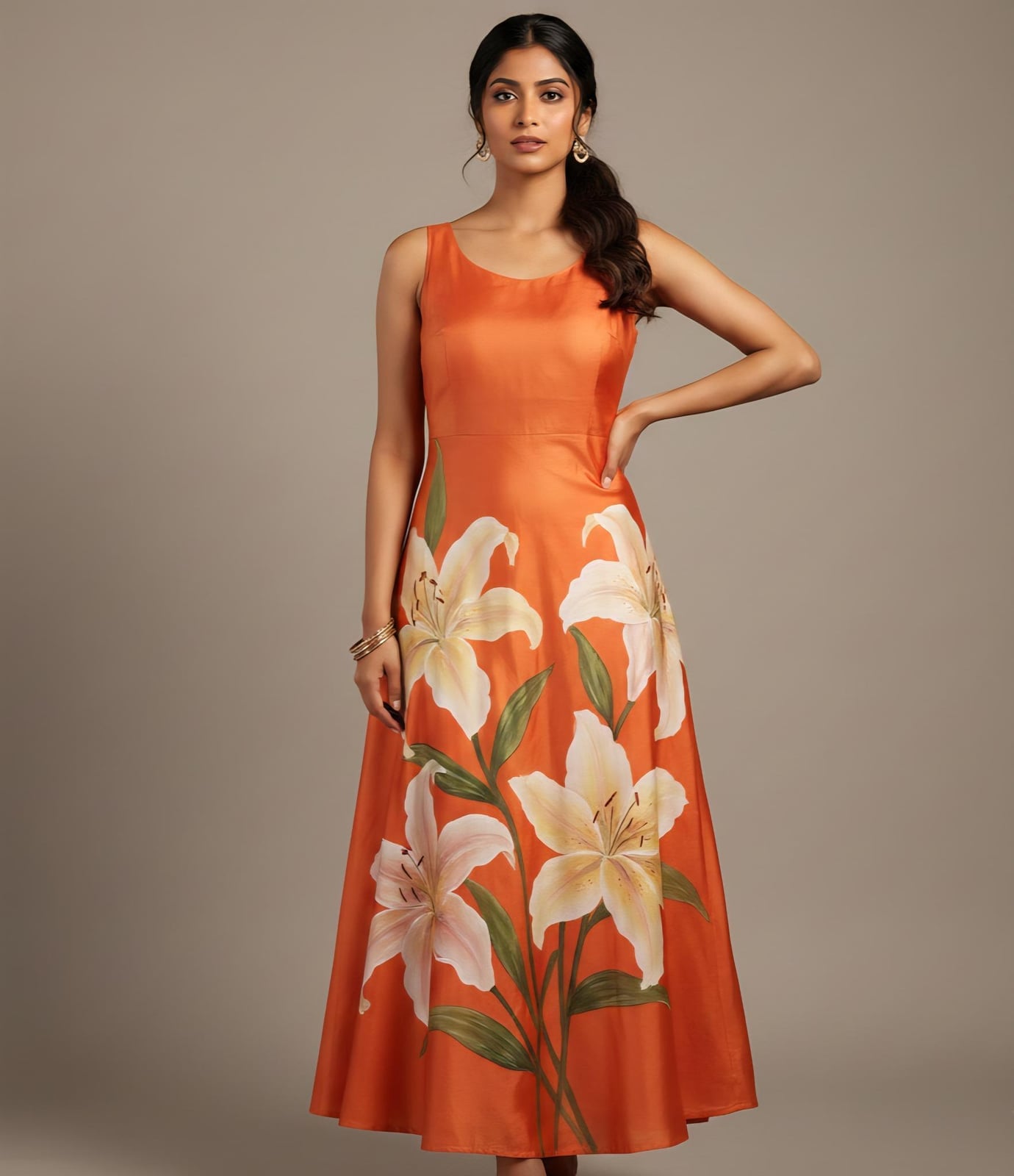 Orange Maxi Dress With White Floral Print and Tiered Skirt Orange Maxi Dress With White Floral Print and Tiered Skirt — Trendy Orange Dress