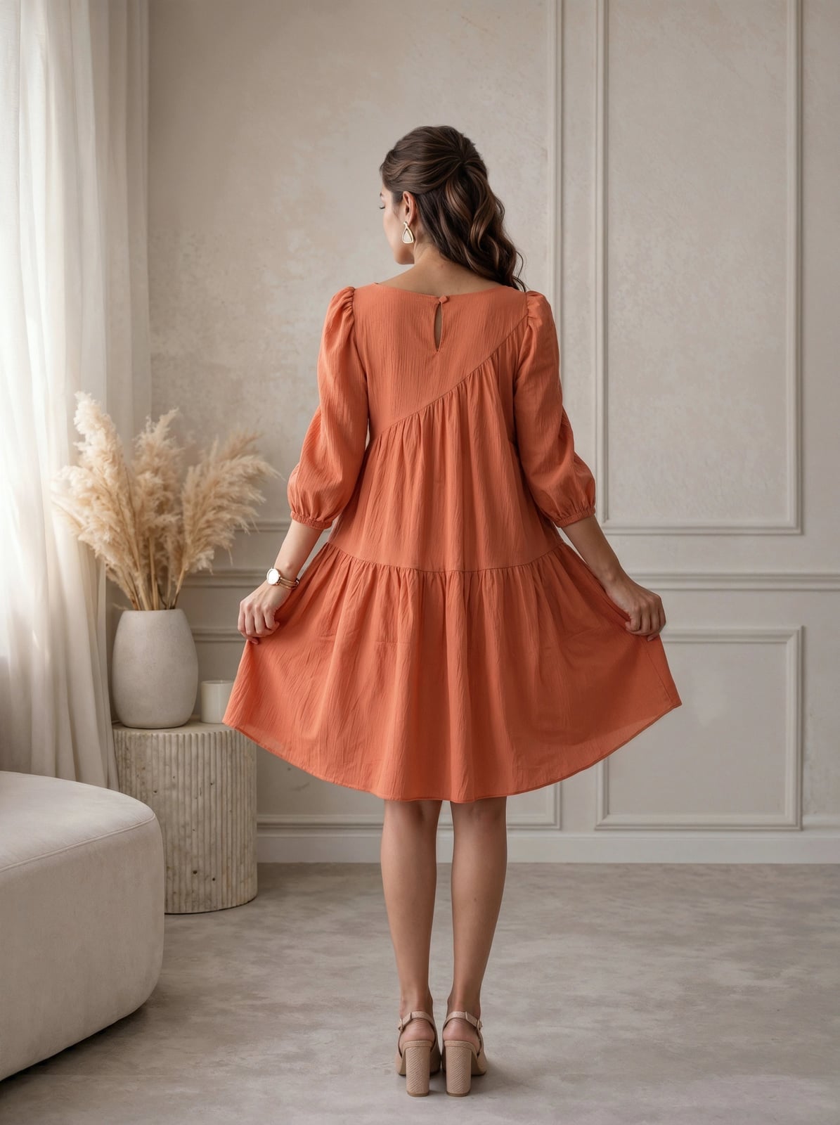 Terracotta Orange Smock Dress With Tiered Hem Terracotta Orange Smock Dress With Tiered Hem — Trendy Orange Dress