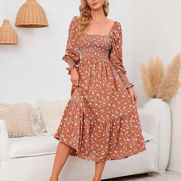 Burnt Orange Floral Maxi Dress With Smocked Bodice Burnt Orange Floral Maxi Dress With Smocked Bodice — Trendy Orange Dress