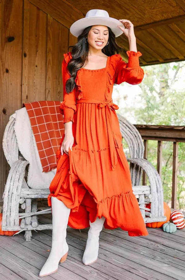 Rust Orange Midi Dress With Ruffled Tiers Rust Orange Midi Dress With Ruffled Tiers — Trendy Orange Dress