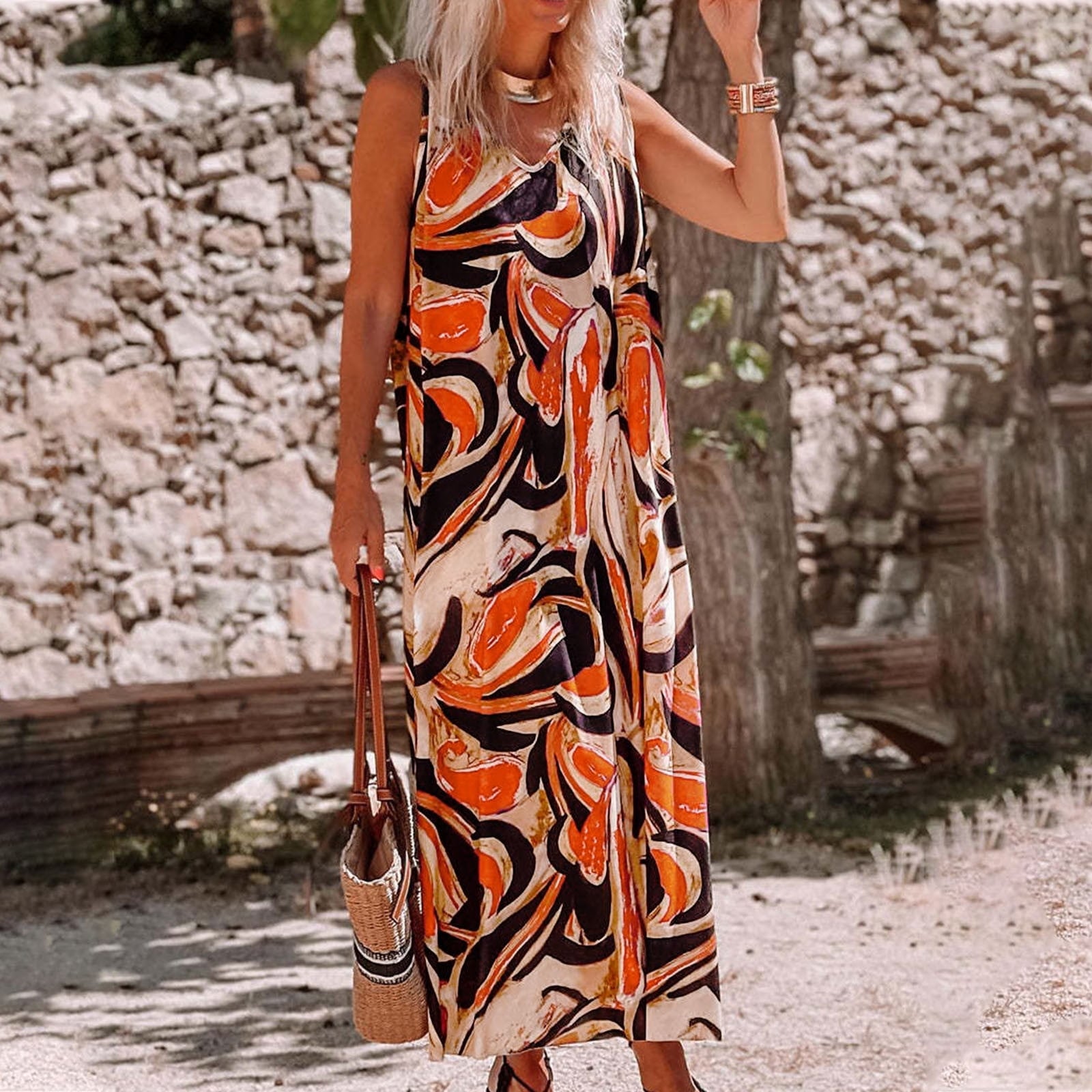 Cream Maxi Dress With Abstract Orange Print Cream Maxi Dress With Abstract Orange Print — Trendy Orange Dress