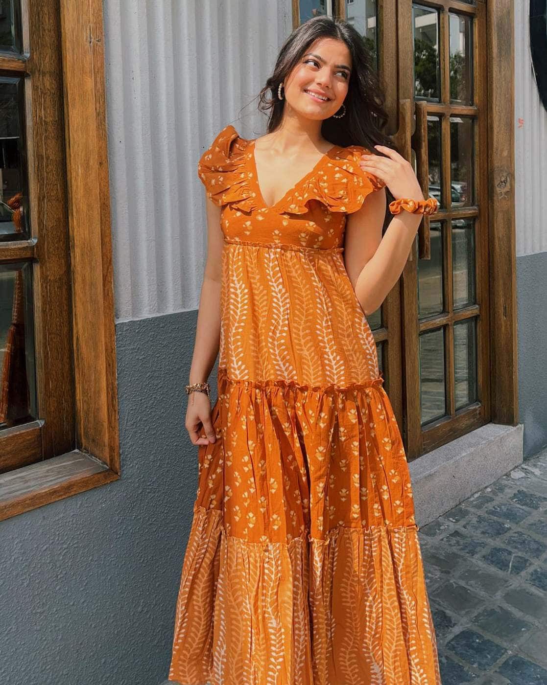 Vibrant Orange Maxi Dress With White Floral Print Vibrant Orange Maxi Dress With White Floral Print — Trendy Orange Dress