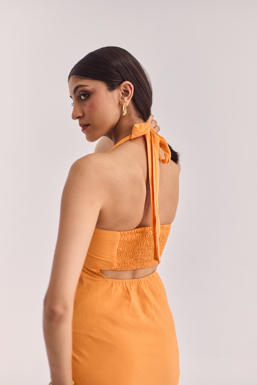 Vibrant Orange Ruched Halter Neck Maxi Dress Vibrant Orange Ruched Halter Neck Maxi Dress — Trendy Orange Dress