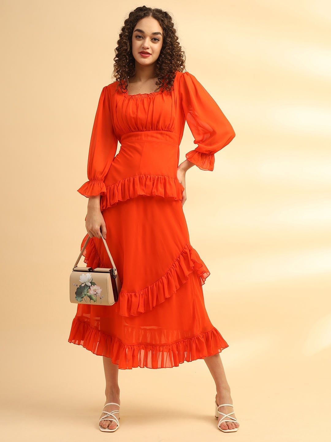 Bright Orange Chiffon Midi Dress With Ruffles Bright Orange Chiffon Midi Dress With Ruffles — Trendy Orange Dress