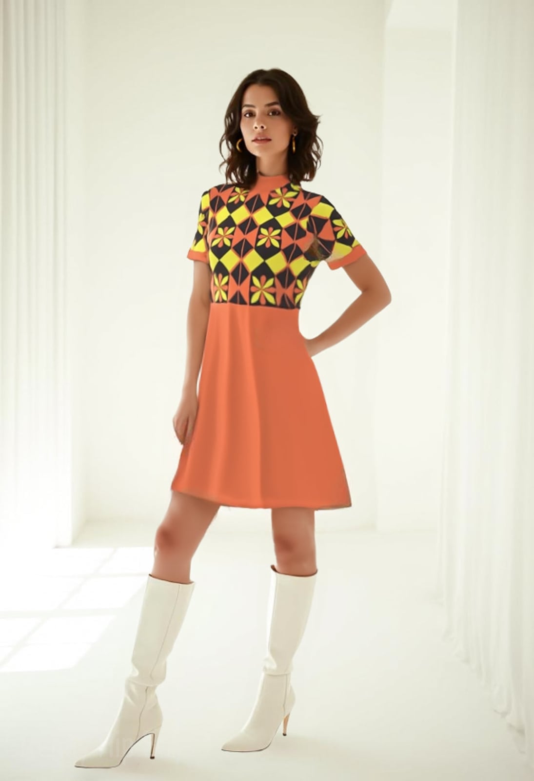 Short Orange Mini Dress With Geometric Bodice Short Orange Mini Dress With Geometric Bodice — Trendy Orange Dress