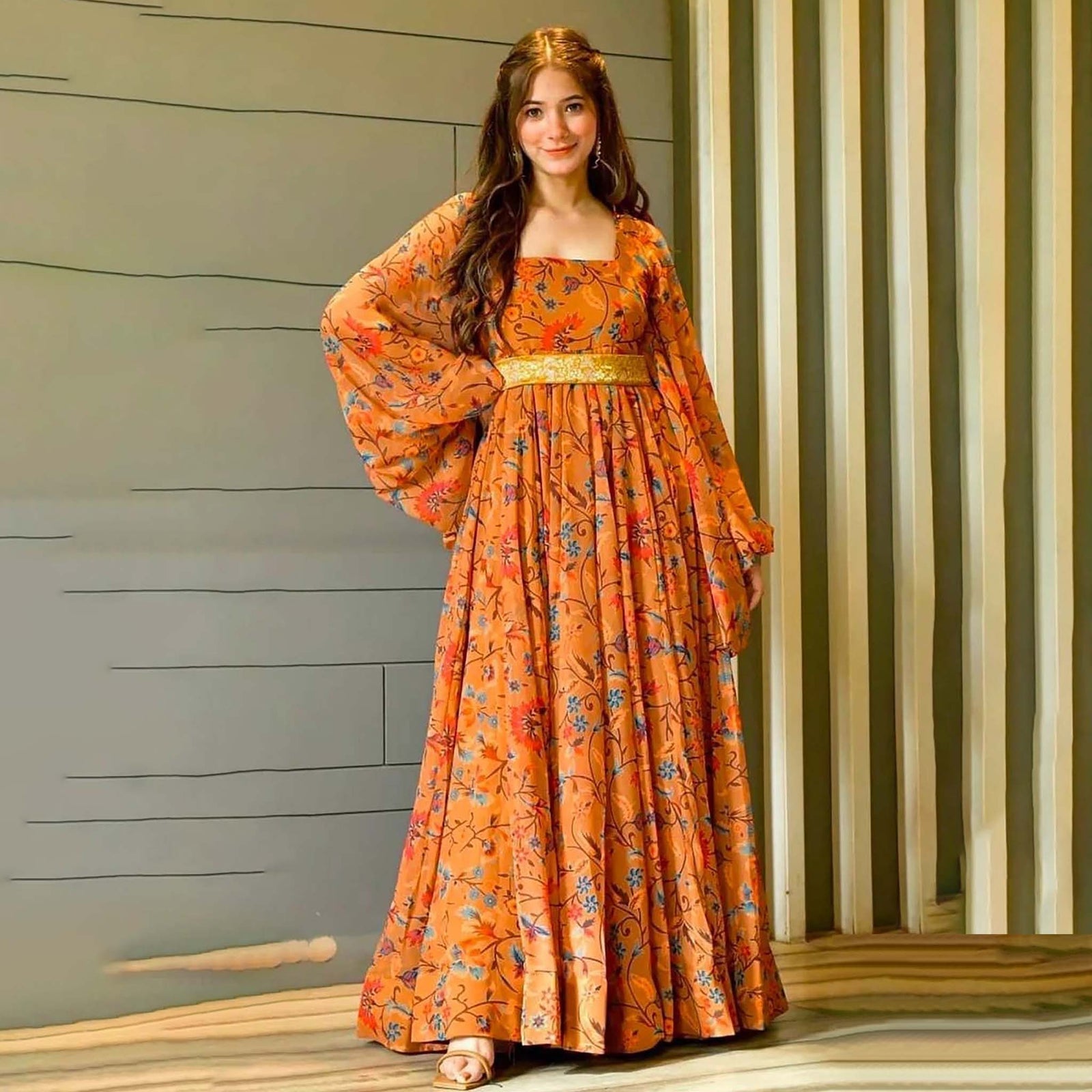 Orange Georgette Maxi Dress With Floral Print Orange Georgette Maxi Dress With Floral Print — Trendy Orange Dress