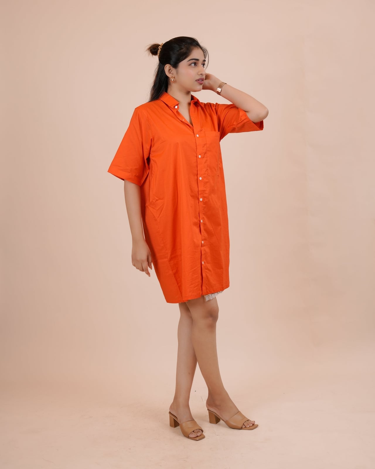 Orange Cotton Shirt Dress With Button-Up Front Orange Cotton Shirt Dress With Button-Up Front — Trendy Orange Dress