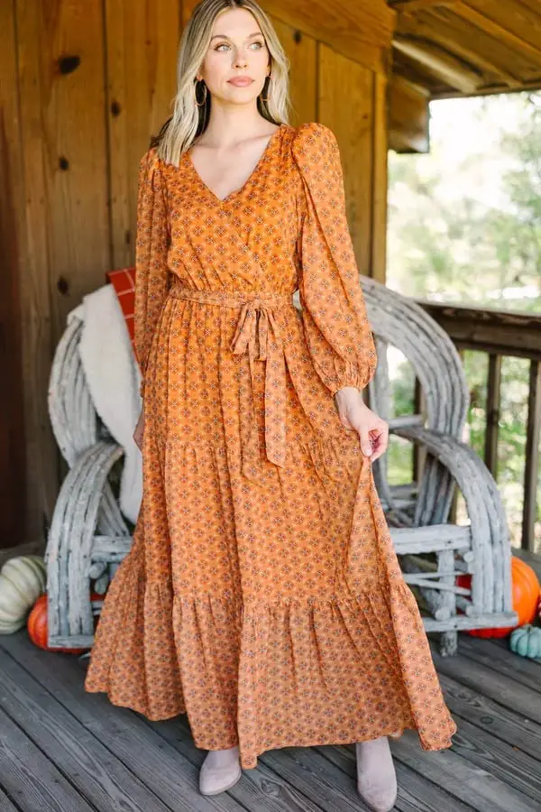 Rust Orange Maxi Dress With Medallion Print Rust Orange Maxi Dress With Medallion Print — Trendy Orange Dress