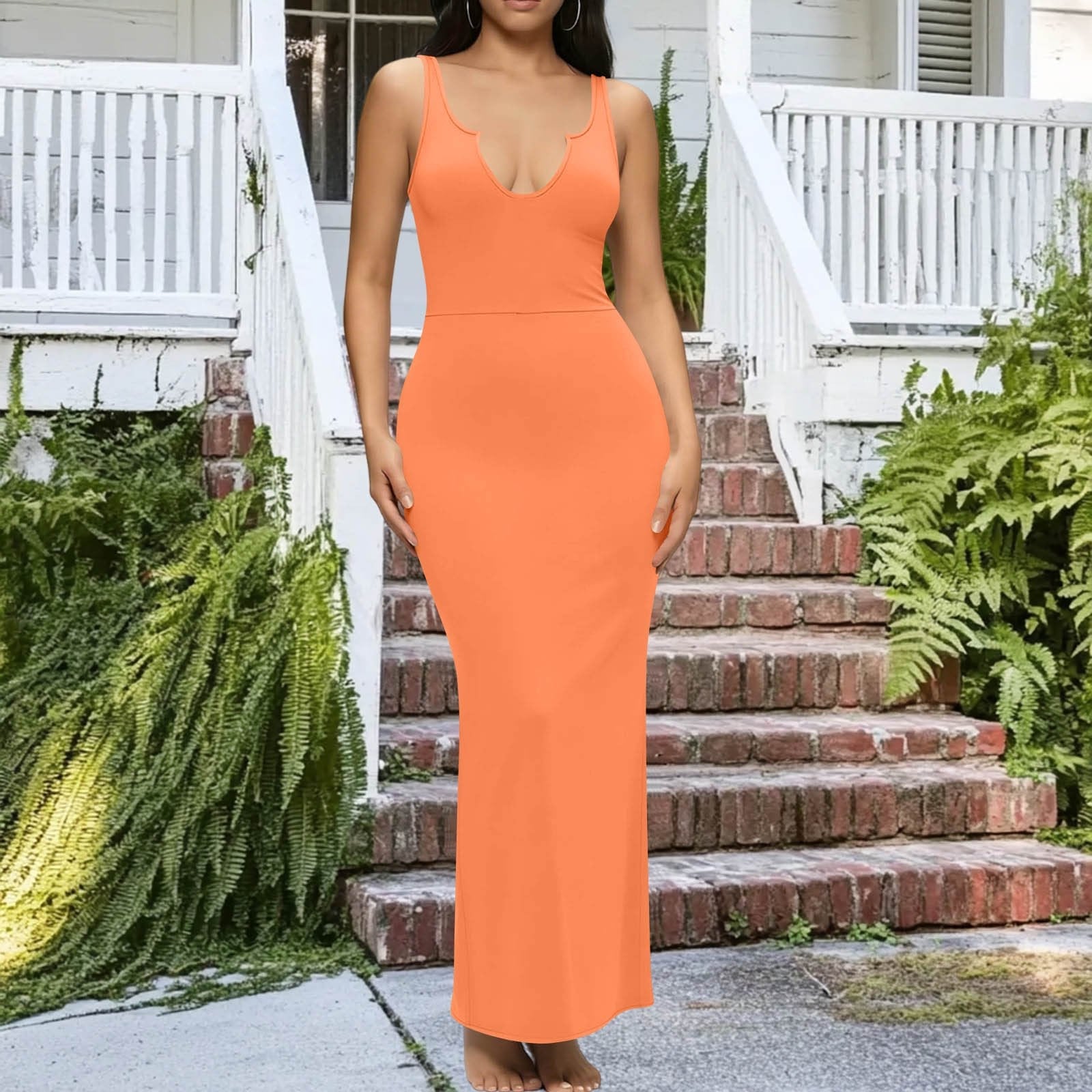 Bright Orange Sleeveless Maxi Dress With Ribbed Knit Bright Orange Sleeveless Maxi Dress With Ribbed Knit — Trendy Orange Dress
