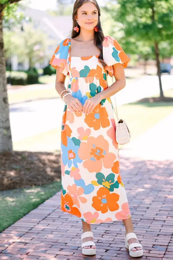 Cream Midi Dress With Orange Floral Print and Puff Sleeves Cream Midi Dress With Orange Floral Print and Puff Sleeves — Trendy Orange Dress