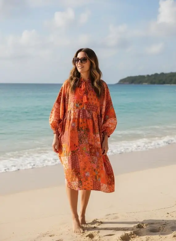 Loose Flowy Orange Midi Dress With Tassel Detail Loose Flowy Orange Midi Dress With Tassel Detail — Trendy Orange Dress