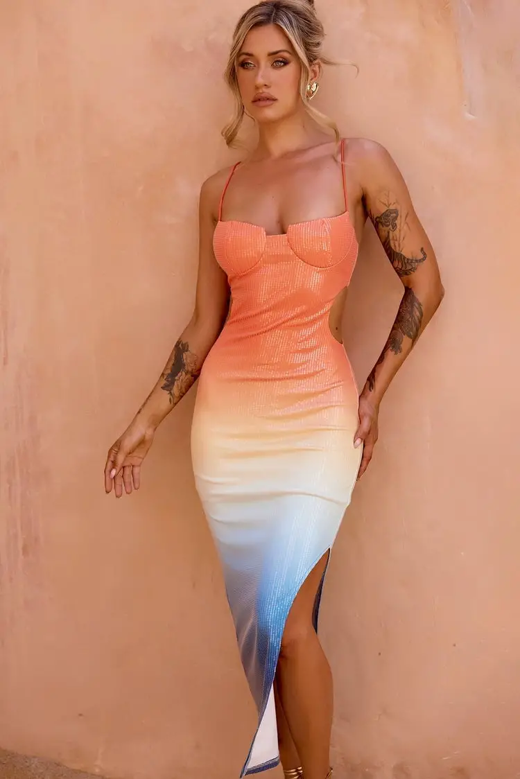 Fitted Ribbed Midi Dress With Sequined Gradient Fitted Ribbed Midi Dress With Sequined Gradient — Trendy Orange Dress