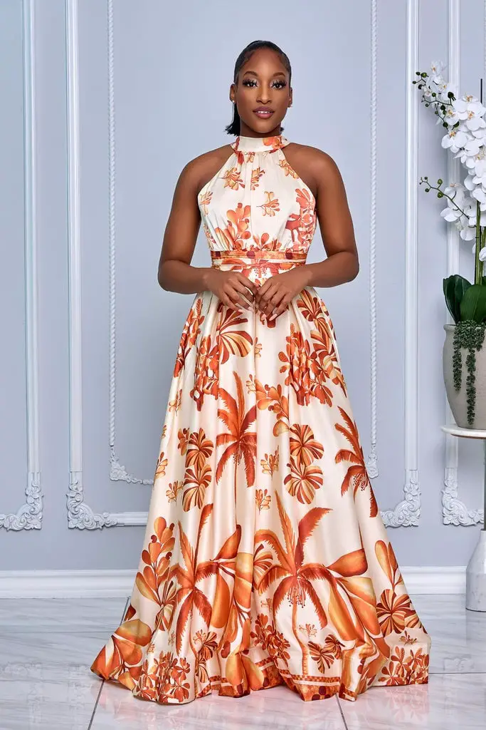 Cream Satin Maxi Dress With Bold Orange Tropical Print Cream Satin Maxi Dress With Bold Orange Tropical Print — Trendy Orange Dress