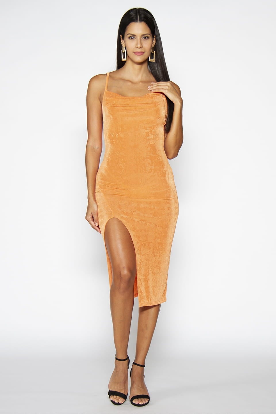 Orange Satin Slip Dress With Cowl Neck and High Slit Orange Satin Slip Dress With Cowl Neck and High Slit — Trendy Orange Dress