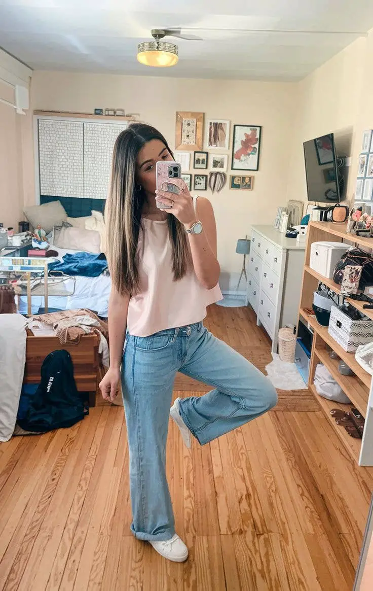 Light Pink Top with Light Blue Wide-Leg Jeans Light Pink Top with Light Blue Wide-Leg Jeans — Trendy Outfits for Teens