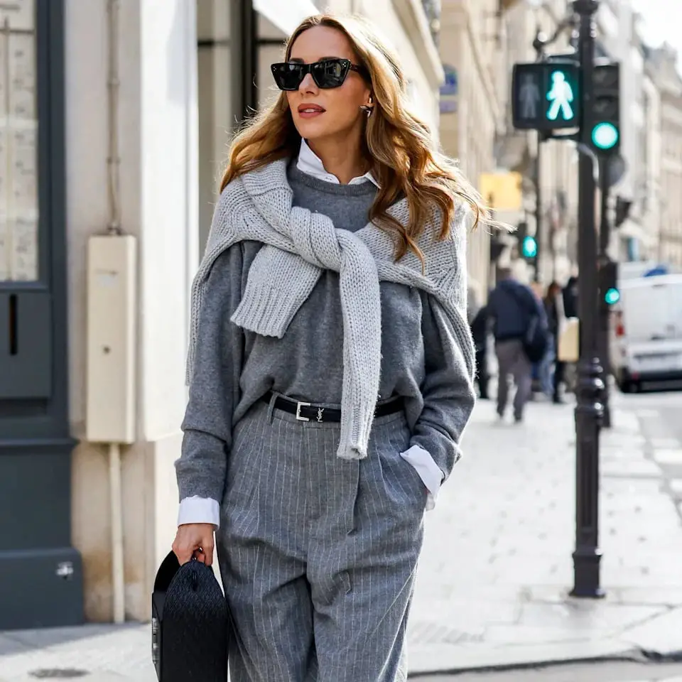 Pinstripe Trousers with Sweater Tied Over Shoulders Pinstripe Trousers with Sweater Tied Over Shoulders — Trendy Outfits for Teens