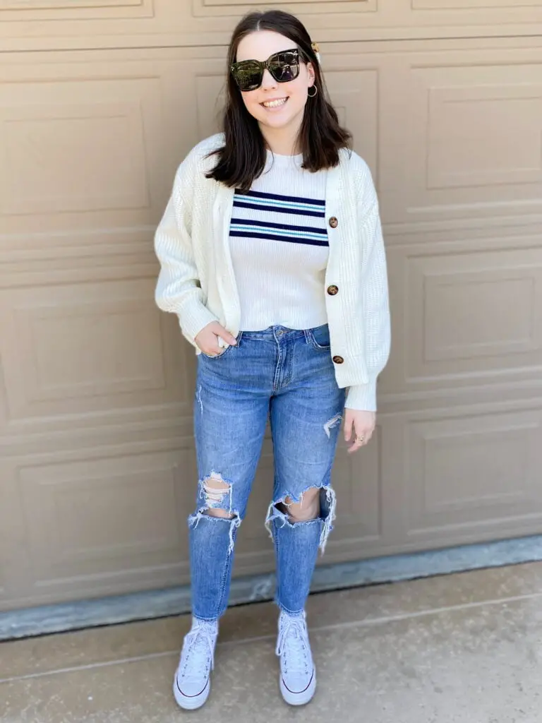 Cardigan Over Striped T-Shirt and Distressed Jeans Cardigan Over Striped T-Shirt and Distressed Jeans — Trendy Outfits for Teens