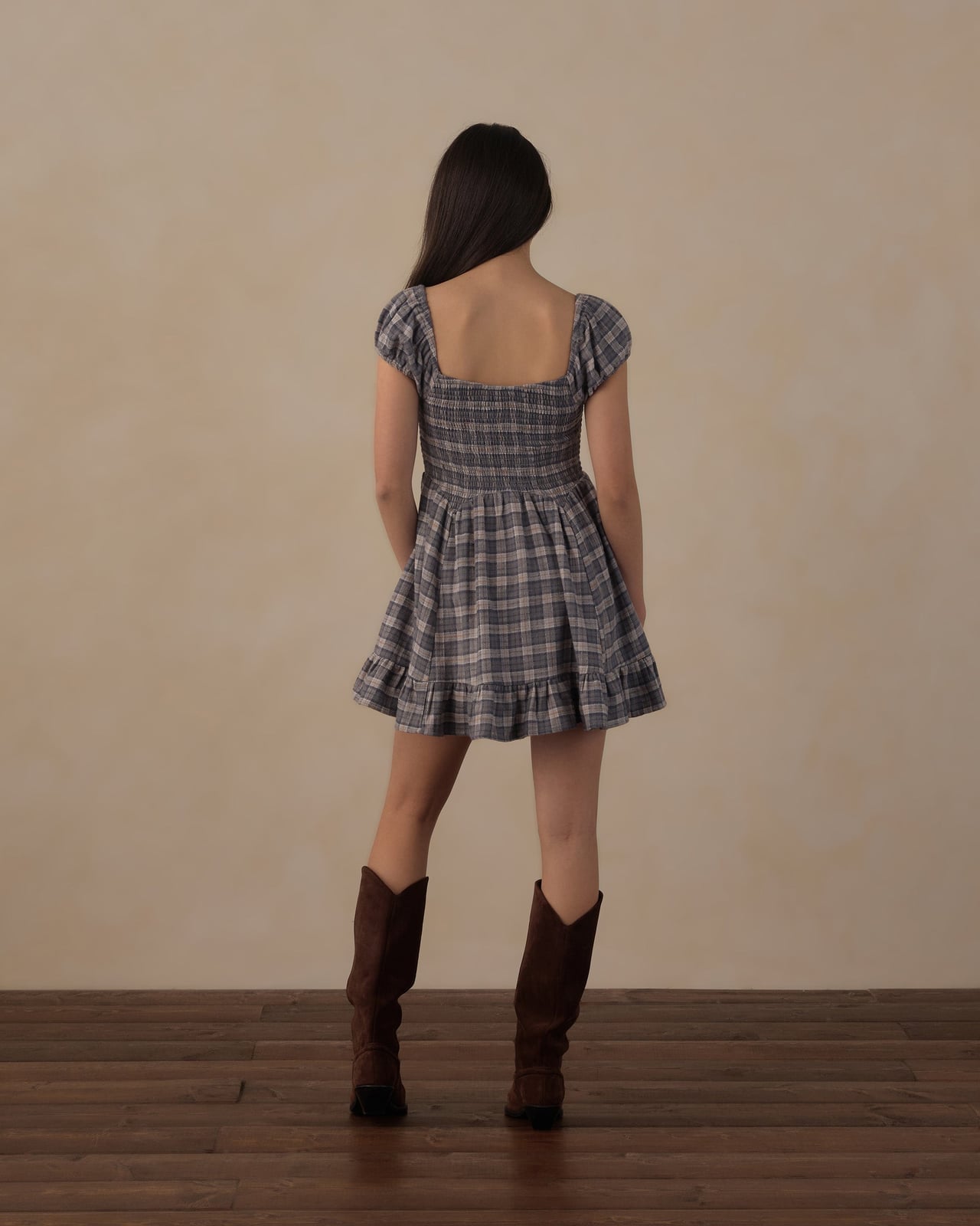 Plaid Smocked Mini Dress with Suede Boots Plaid Smocked Mini Dress with Suede Boots — Trendy Outfits for Teens