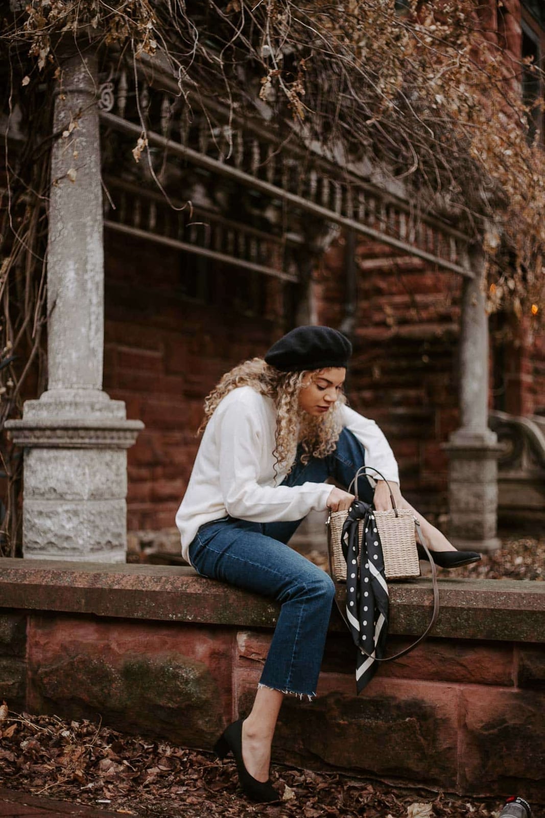 White Sweater with Beret and Straw Bag White Sweater with Beret and Straw Bag — Trendy Parisian Style