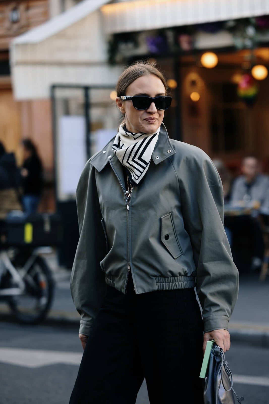 Gray Bomber Jacket with Patterned Scarf Gray Bomber Jacket with Patterned Scarf — Trendy Parisian Style