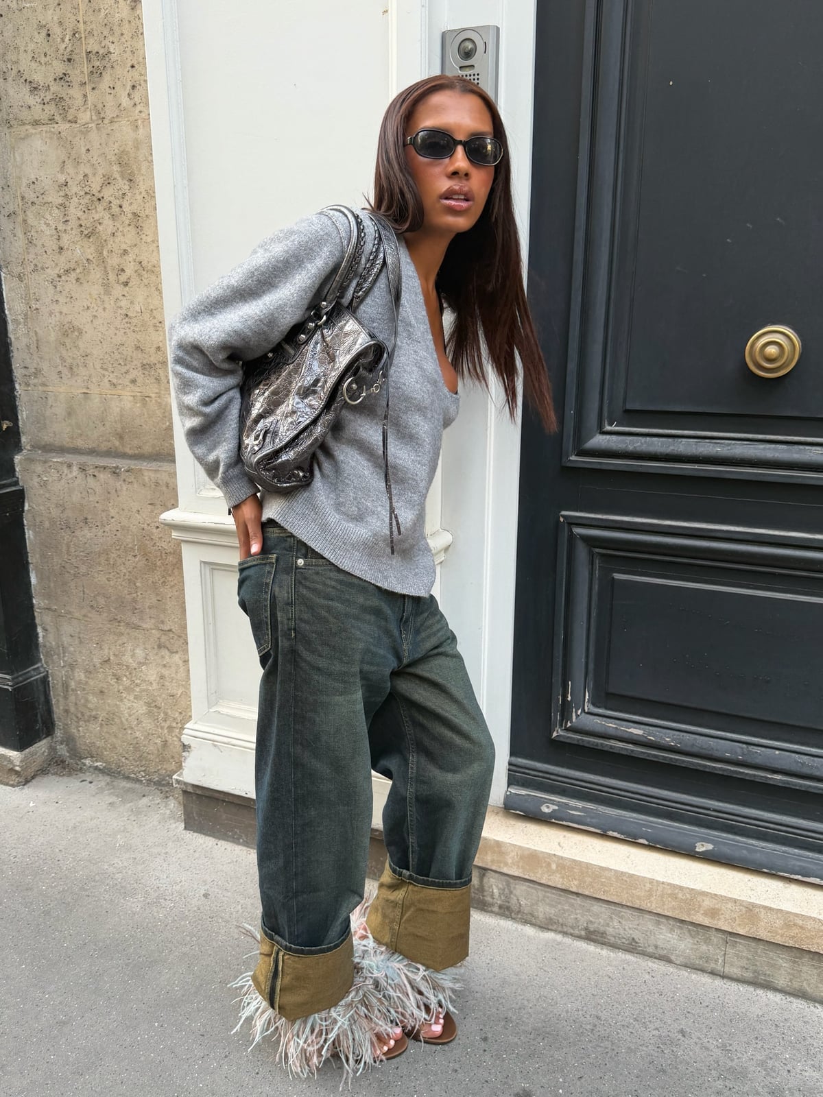 Gray V-Neck Sweater with Feather Leg Warmers Gray V-Neck Sweater with Feather Leg Warmers — Trendy Parisian Style
