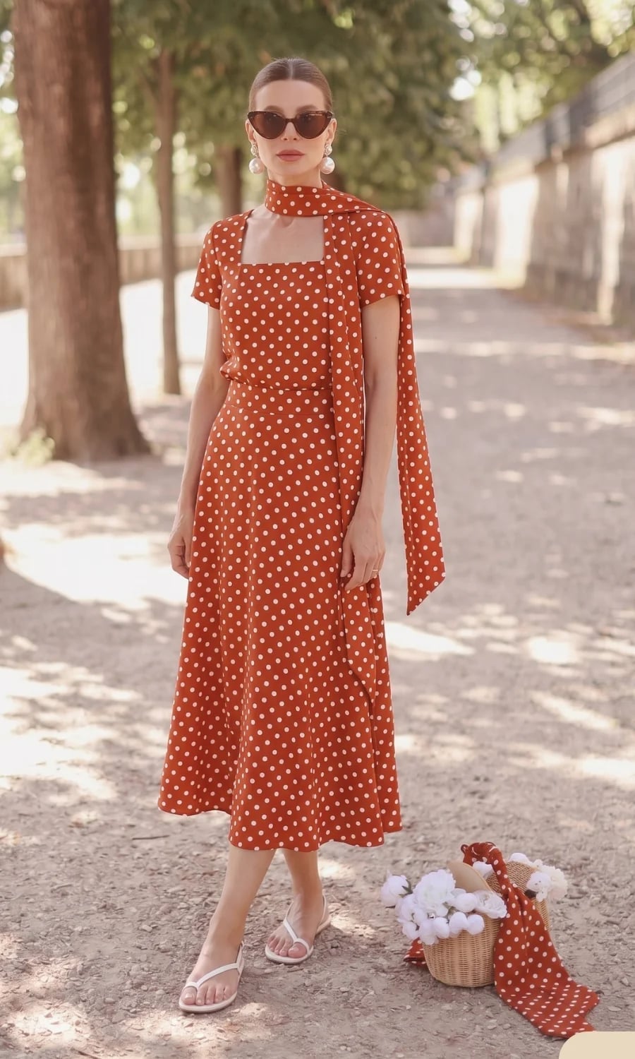 Red Polka Dot Midi Dress with Scarf Detail Red Polka Dot Midi Dress with Scarf Detail — Trendy Parisian Style