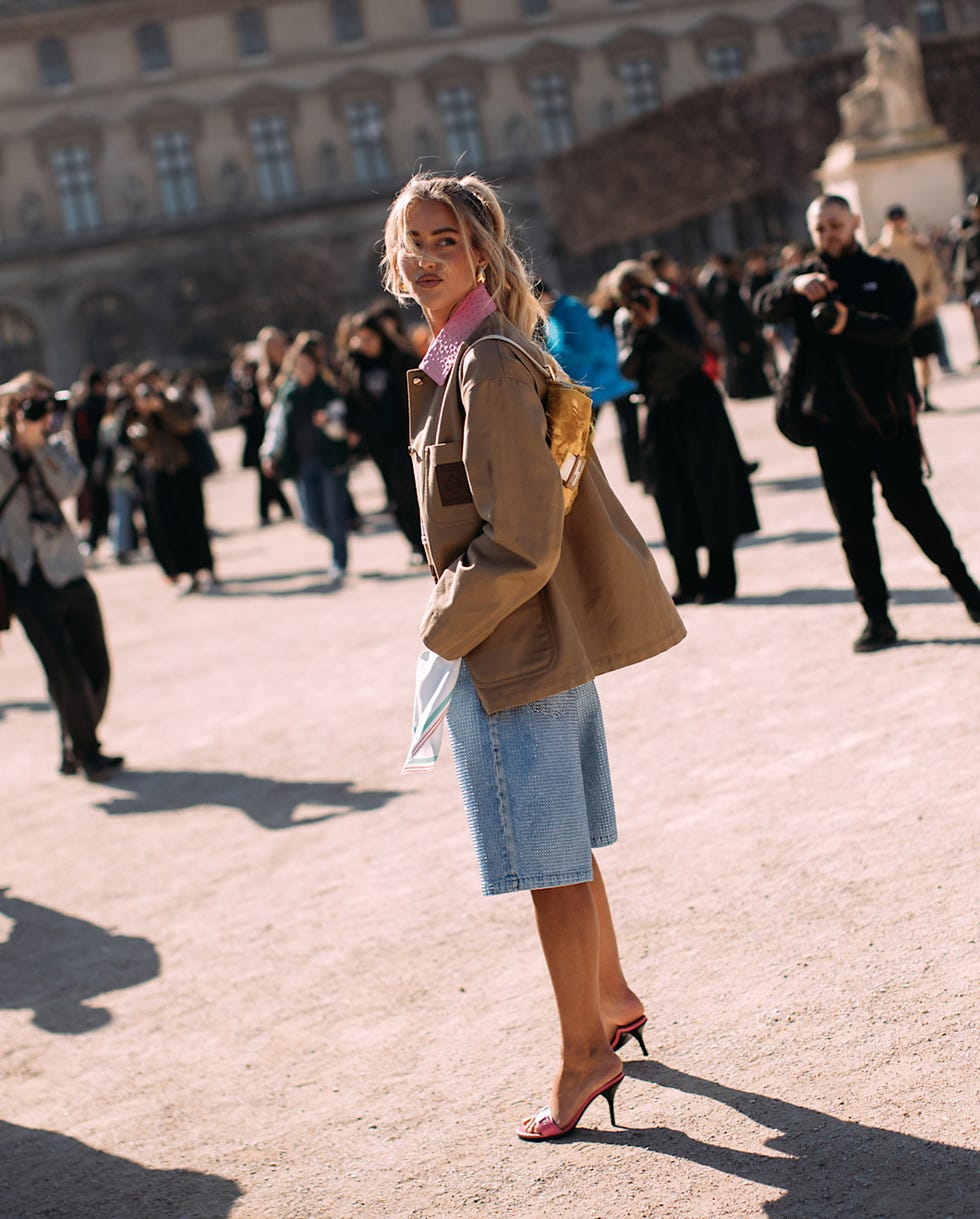 Tan Oversized Jacket with Denim Skirt Tan Oversized Jacket with Denim Skirt — Trendy Parisian Style