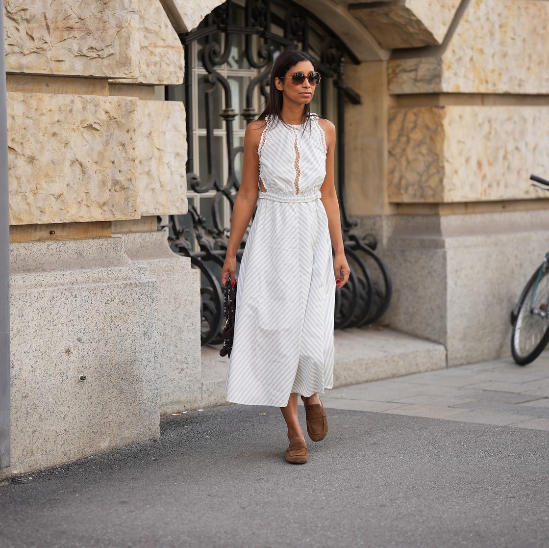 Striped White Midi Dress with Brown Loafers Striped White Midi Dress with Brown Loafers — Trendy Parisian Style