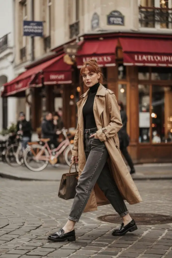 Classic Beige Trench Coat Over Dark Jeans Classic Beige Trench Coat Over Dark Jeans — Trendy Parisian Style