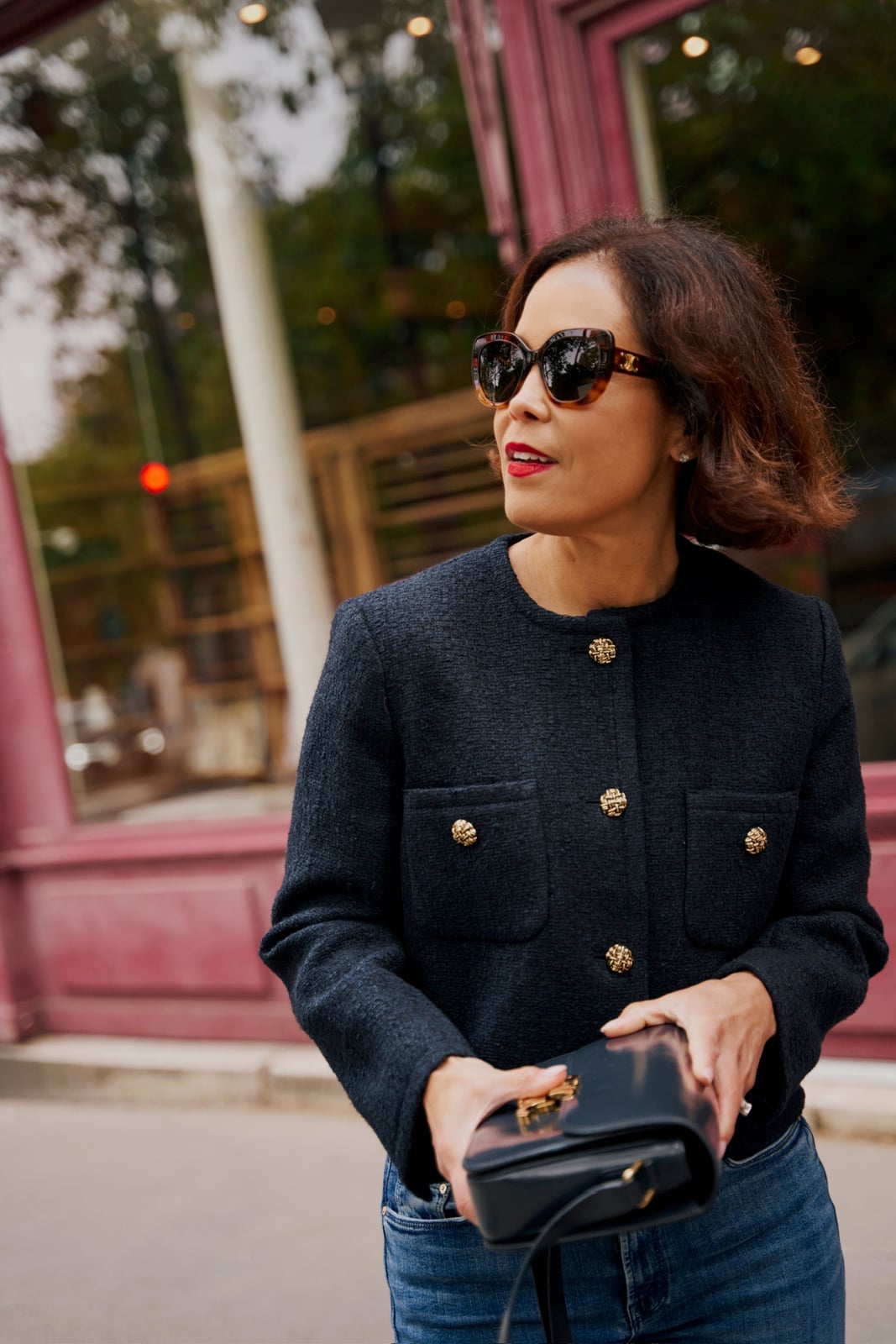 Fitted Navy Tweed Jacket with Gold Buttons Fitted Navy Tweed Jacket with Gold Buttons — Trendy Parisian Style