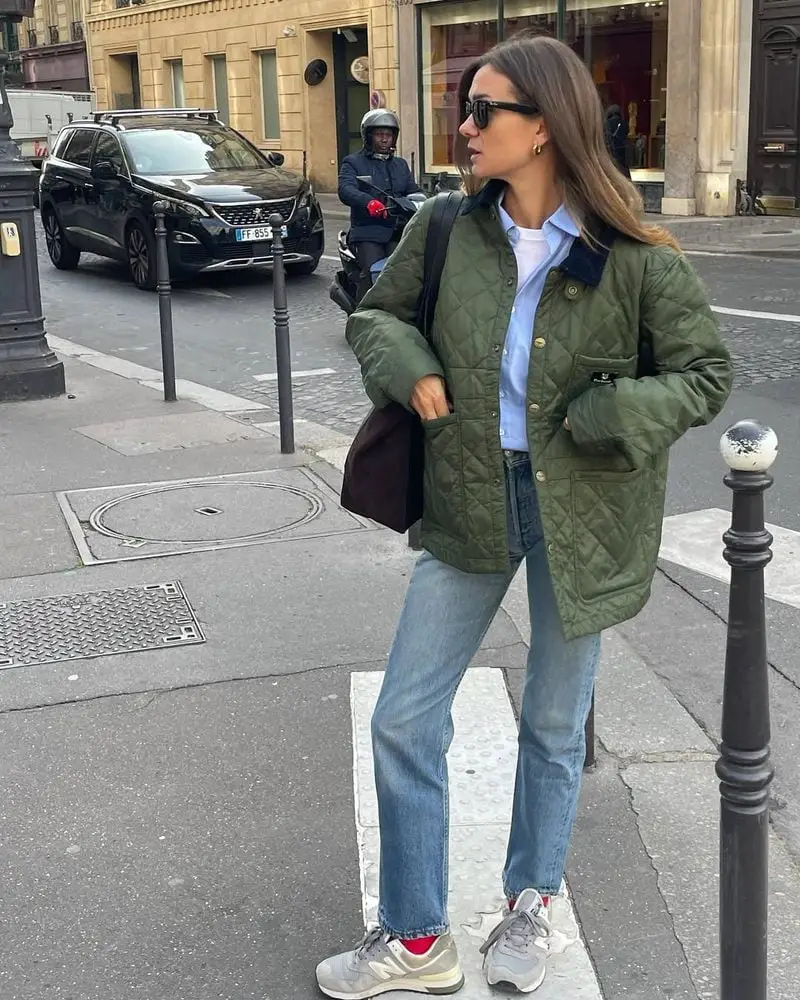 Green Quilted Jacket Over Light Blue Shirt and Jeans Green Quilted Jacket Over Light Blue Shirt and Jeans — Trendy Parisian Style