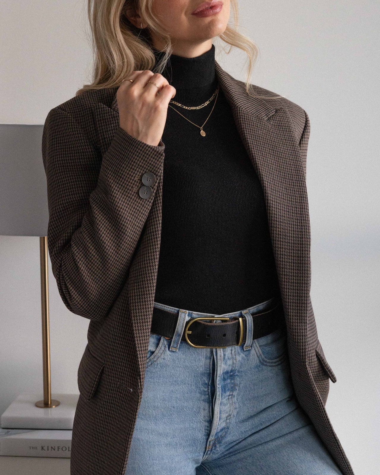 Houndstooth Blazer and Black Turtleneck Houndstooth Blazer and Black Turtleneck — Trendy Photo Outfit