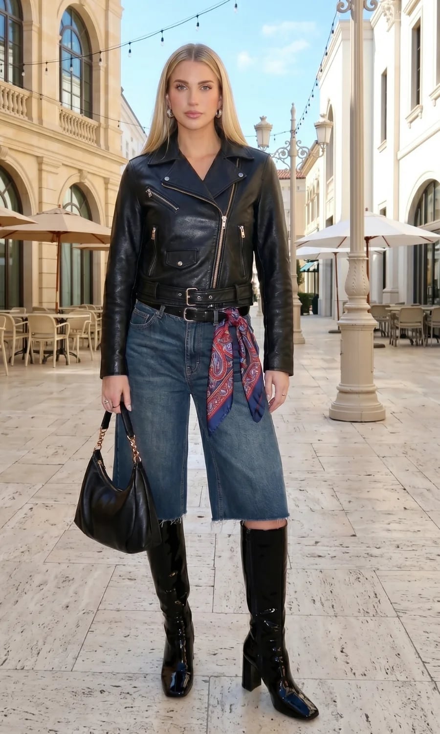 Moto Jacket with Cropped Jeans and Knee-High Boots Moto Jacket with Cropped Jeans and Knee-High Boots — Trendy Photo Outfit