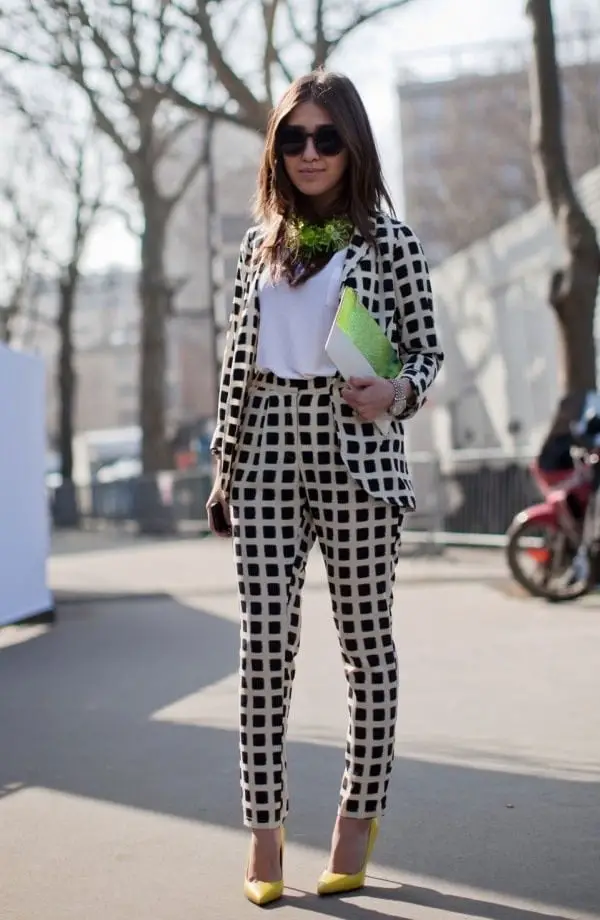 Checked Suit with Yellow Heels Checked Suit with Yellow Heels — Trendy Photo Outfit