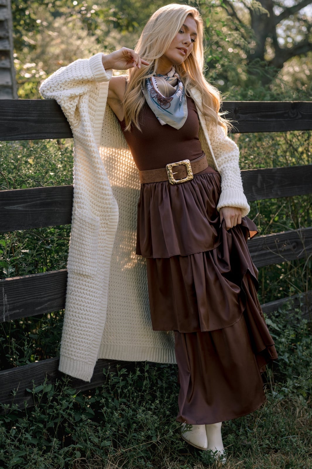 Tiered Satin Dress with Longline Cardigan Tiered Satin Dress with Longline Cardigan — Trendy Photo Outfit