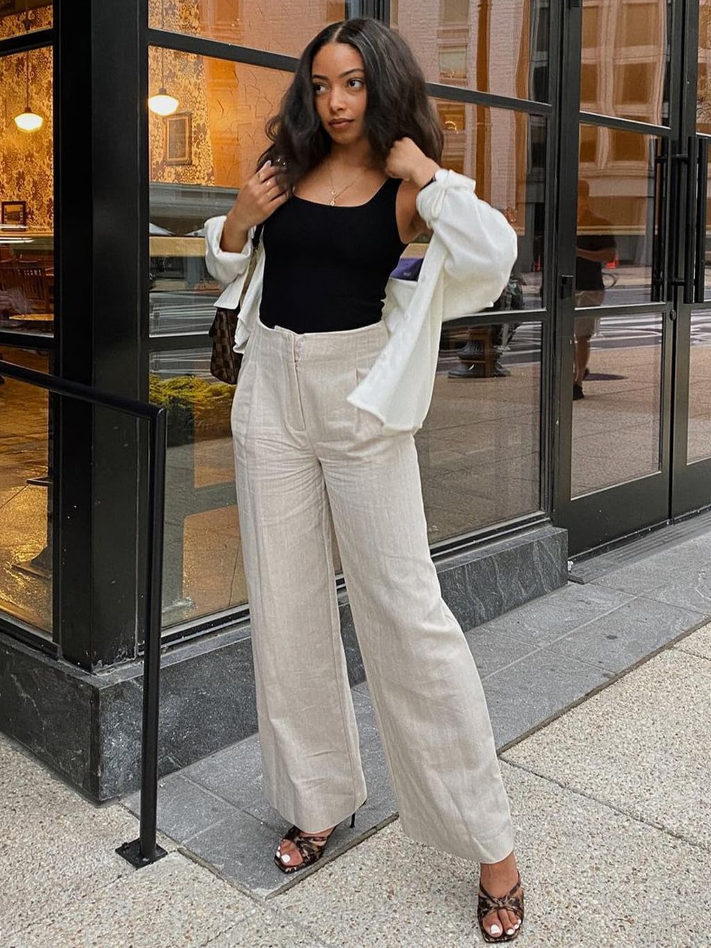 Wide-Leg Linen Trousers with Open Shirt Wide-Leg Linen Trousers with Open Shirt — Trendy Photo Outfit