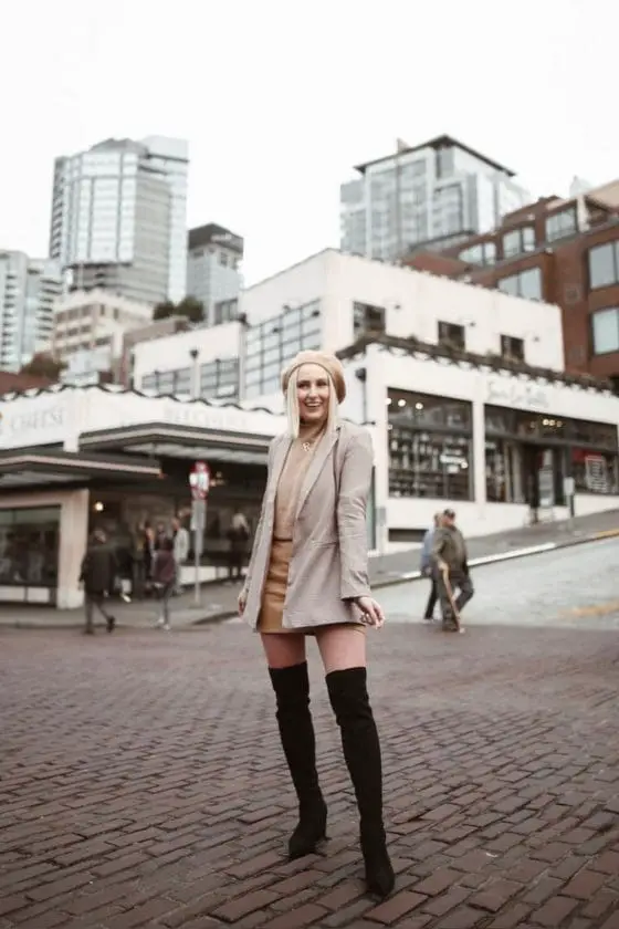 Beige Plaid Blazer with Knit Set and Boots Beige Plaid Blazer with Knit Set and Boots — Trendy Photo Outfit