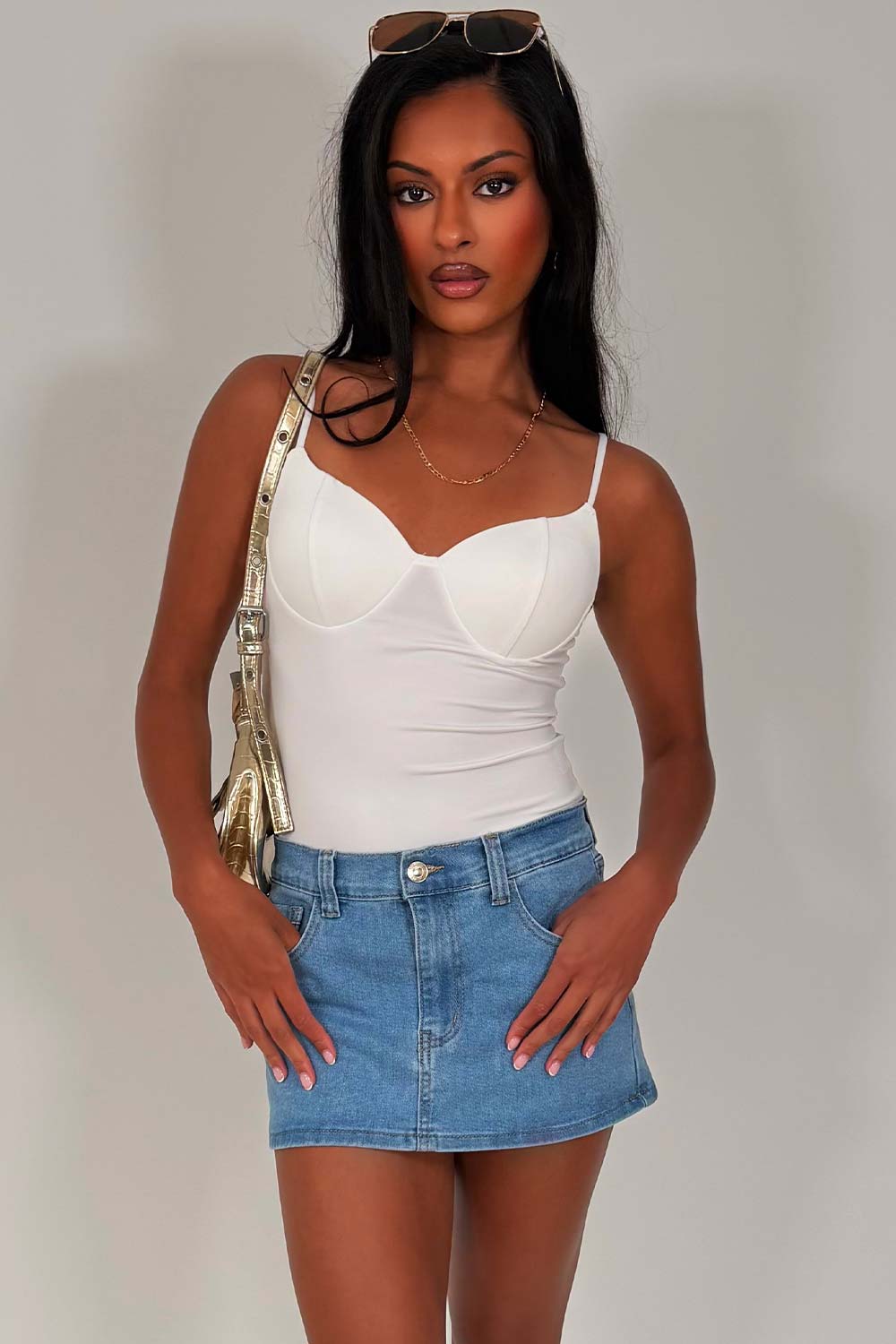 White Bustier Top with Mini Denim Skort White Bustier Top with Mini Denim Skort — Trendy Photo Outfit