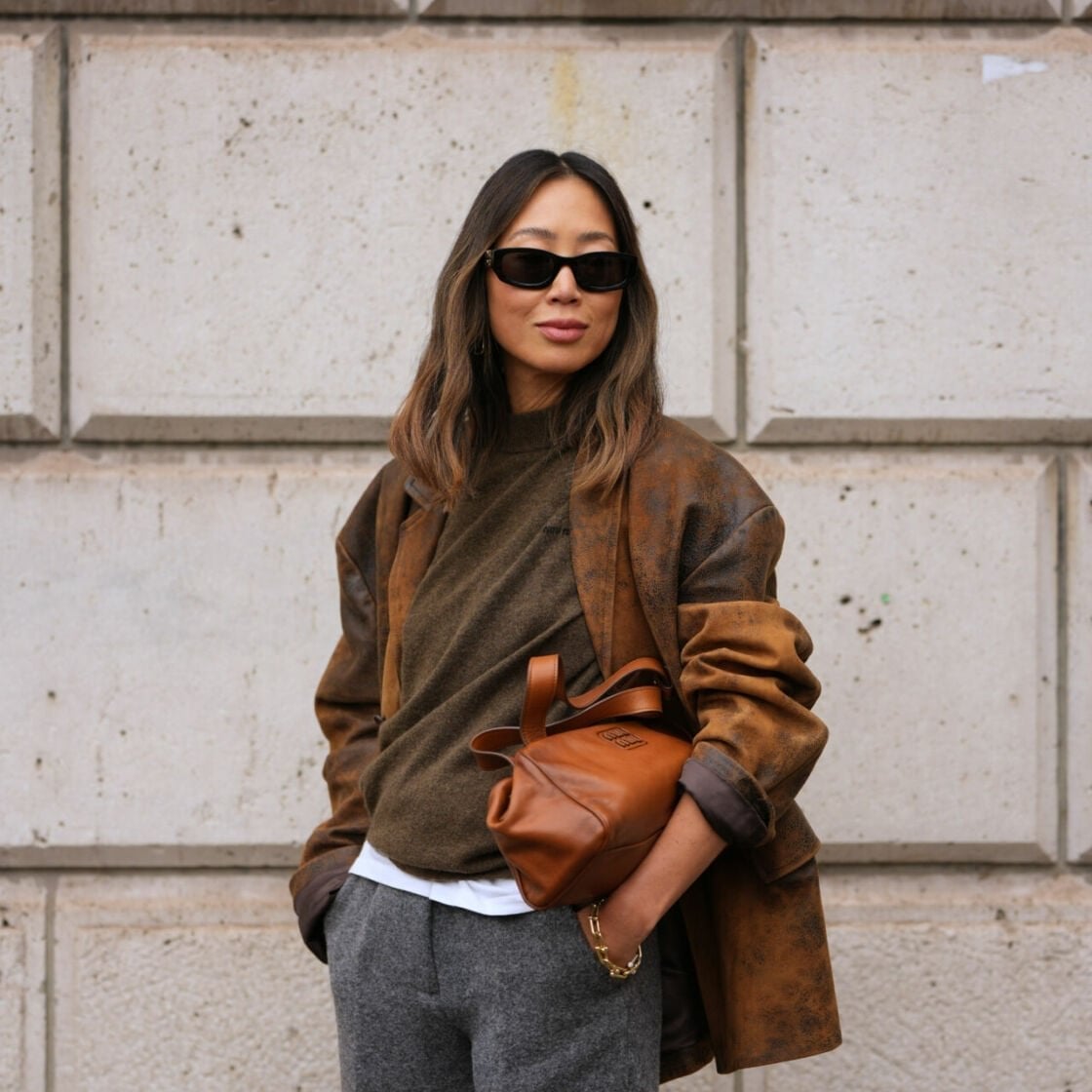 Distressed Leather Jacket and Relaxed Trousers Distressed Leather Jacket and Relaxed Trousers — Trendy Photo Outfit