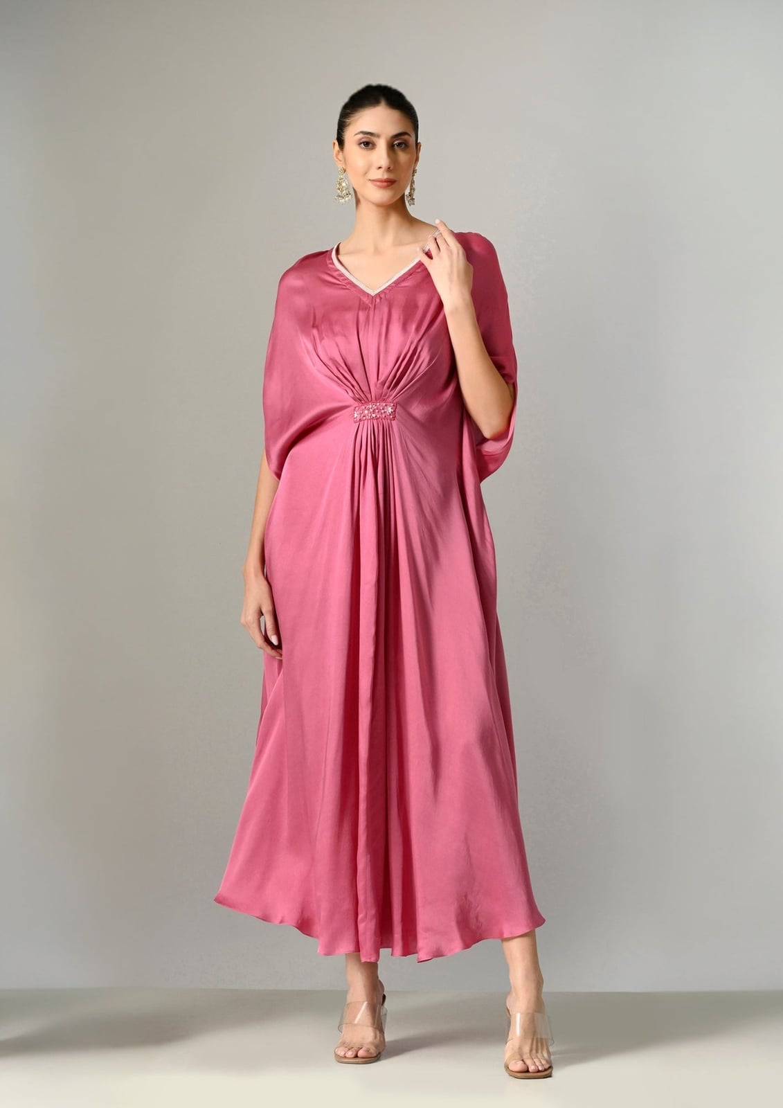 Pink Satin Loose Fit Kaftan Dress Pink Satin Loose Fit Kaftan Dress — Trendy Pink Dress Outfit