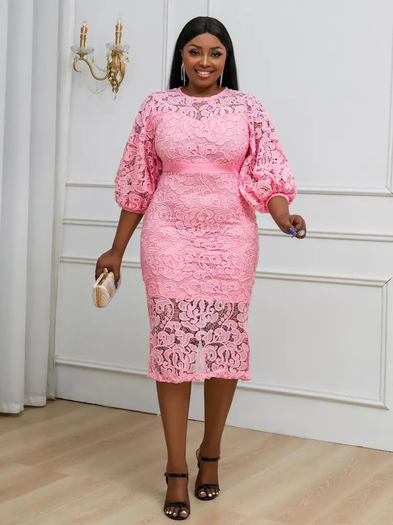 Bright Pink Lace Bodycon Midi Dress With Puff Sleeves Bright Pink Lace Bodycon Midi Dress With Puff Sleeves — Trendy Pink Dress Outfit