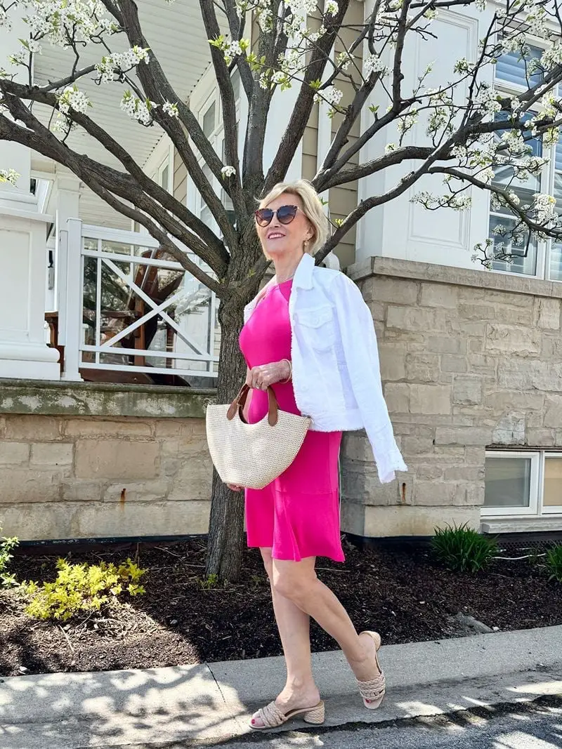 Hot Pink Knit Midi Dress With Linen Jacket Hot Pink Knit Midi Dress With Linen Jacket — Trendy Pink Dress Outfit