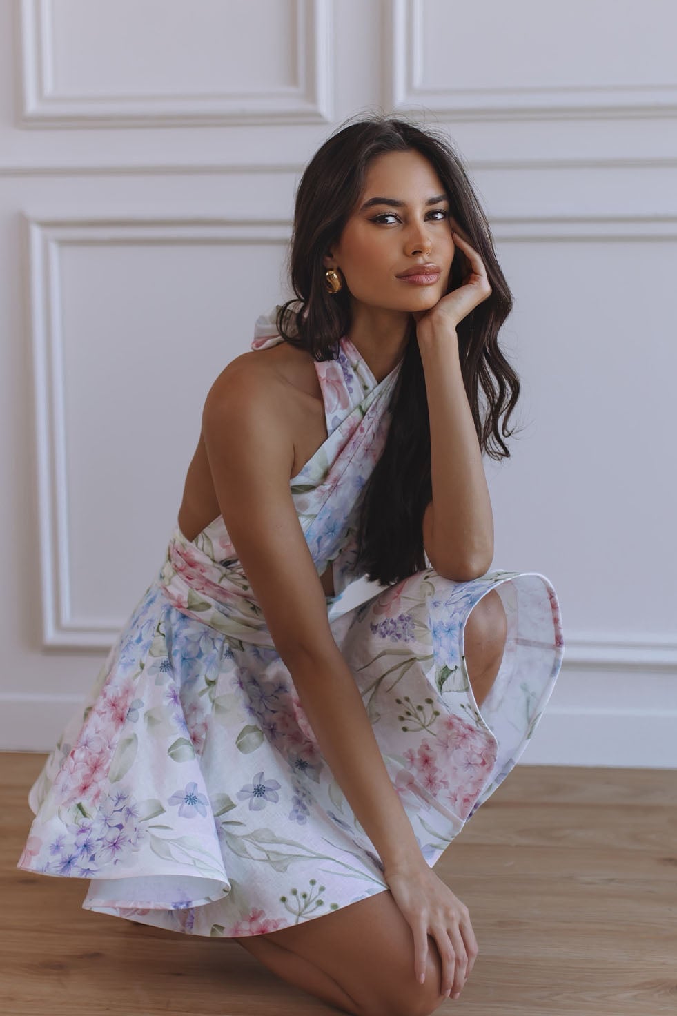 White Dress With Pink Floral Print And Halter Neck White Dress With Pink Floral Print And Halter Neck — Trendy Pink Dress Outfit