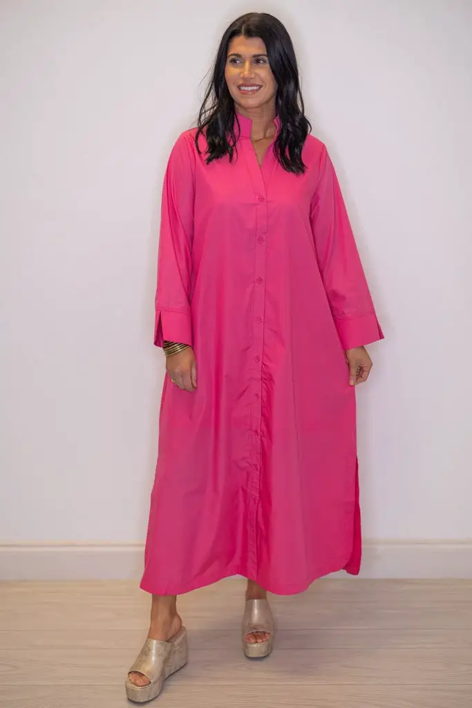 Hot Pink Cotton Button Front Midi Dress Hot Pink Cotton Button Front Midi Dress — Trendy Pink Dress Outfit