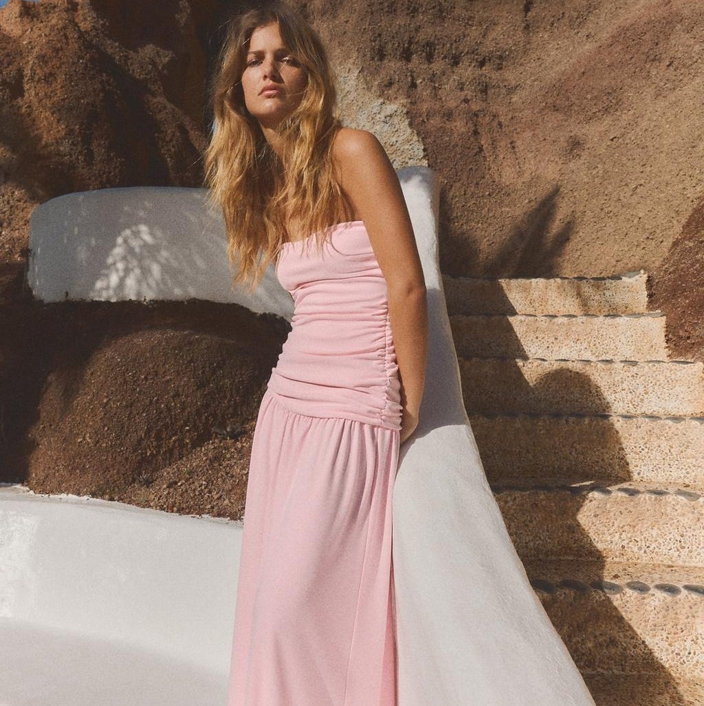 Soft Pink Strapless Ruched Jersey Midi Dress Soft Pink Strapless Ruched Jersey Midi Dress — Trendy Pink Dress Outfit