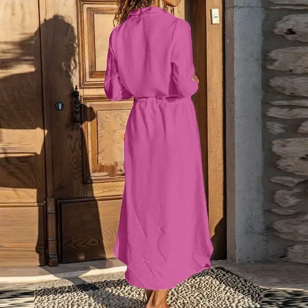 Hot Pink Linen Maxi Dress With Tie Waist Hot Pink Linen Maxi Dress With Tie Waist — Trendy Pink Dress Outfit