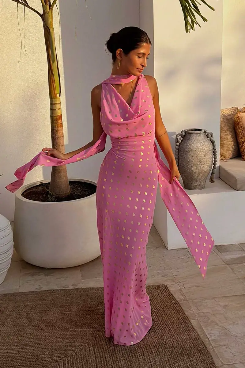 Pink Gold Polka Dot Halter Maxi Dress Pink Gold Polka Dot Halter Maxi Dress — Trendy Pink Dress Outfit