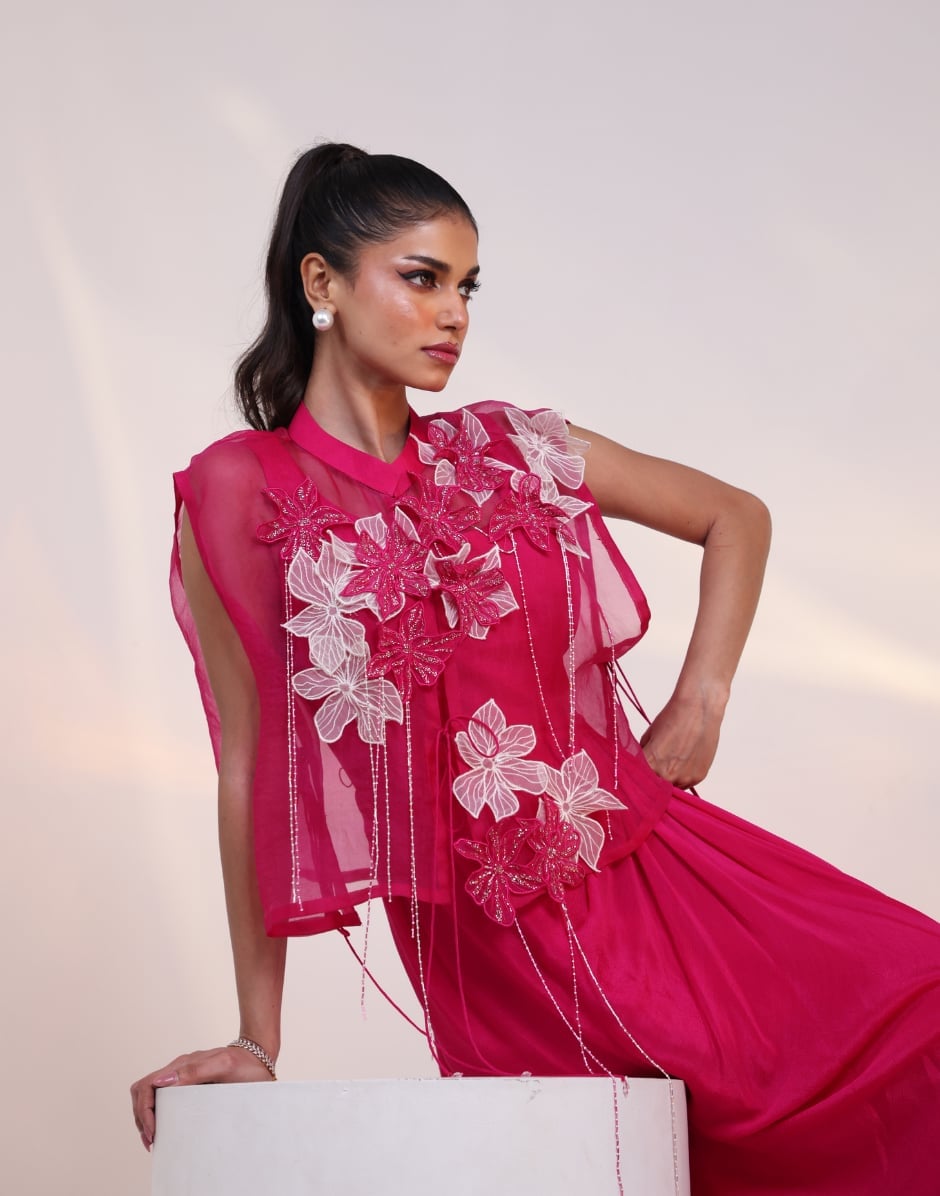 Hot Pink Flowy Gown With Floral Organza Jacket Hot Pink Flowy Gown With Floral Organza Jacket — Trendy Pink Dress Outfit